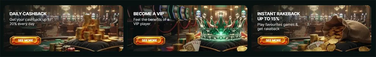 Three LuckyGem promo tiles advertising Daily Cashback up to 20%, Become a VIP, and Instant Rakeback up to 15%, with casino-themed visuals (chips, coins, crown) and “See more” buttons.