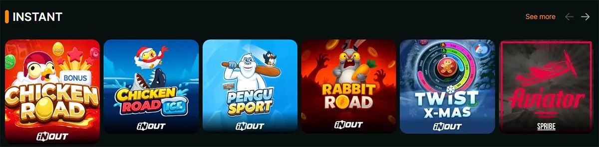 “Instant” games row with thumbnails for Chicken Road Bonus, Chicken Road Ice, Pengu Sport, Rabbit Road, Twist X-Mas, and Aviator.