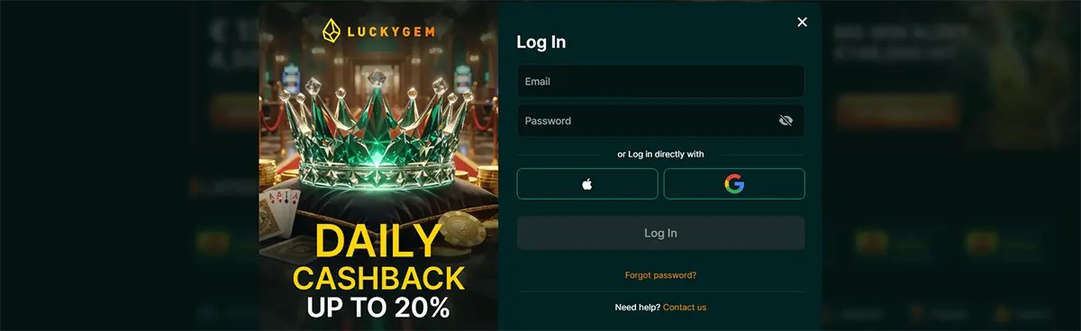 LuckyGem login pop-up with email and password fields plus Apple/Google sign-in buttons, beside a promo image of a jeweled crown advertising “Daily Cashback up to 20%.”